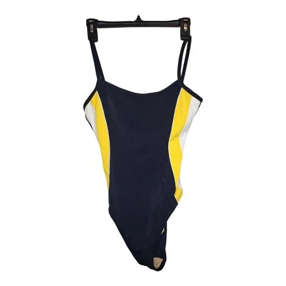 Vintage Liz Claiborne Blue Yellow Racer Stripe Open Back One Piece Swimsuit USA - Picture 1 of 10